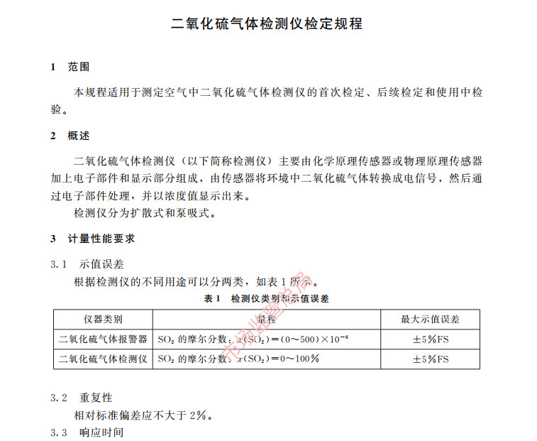 二氧化硫氣體檢測(cè)儀檢定規(guī)程